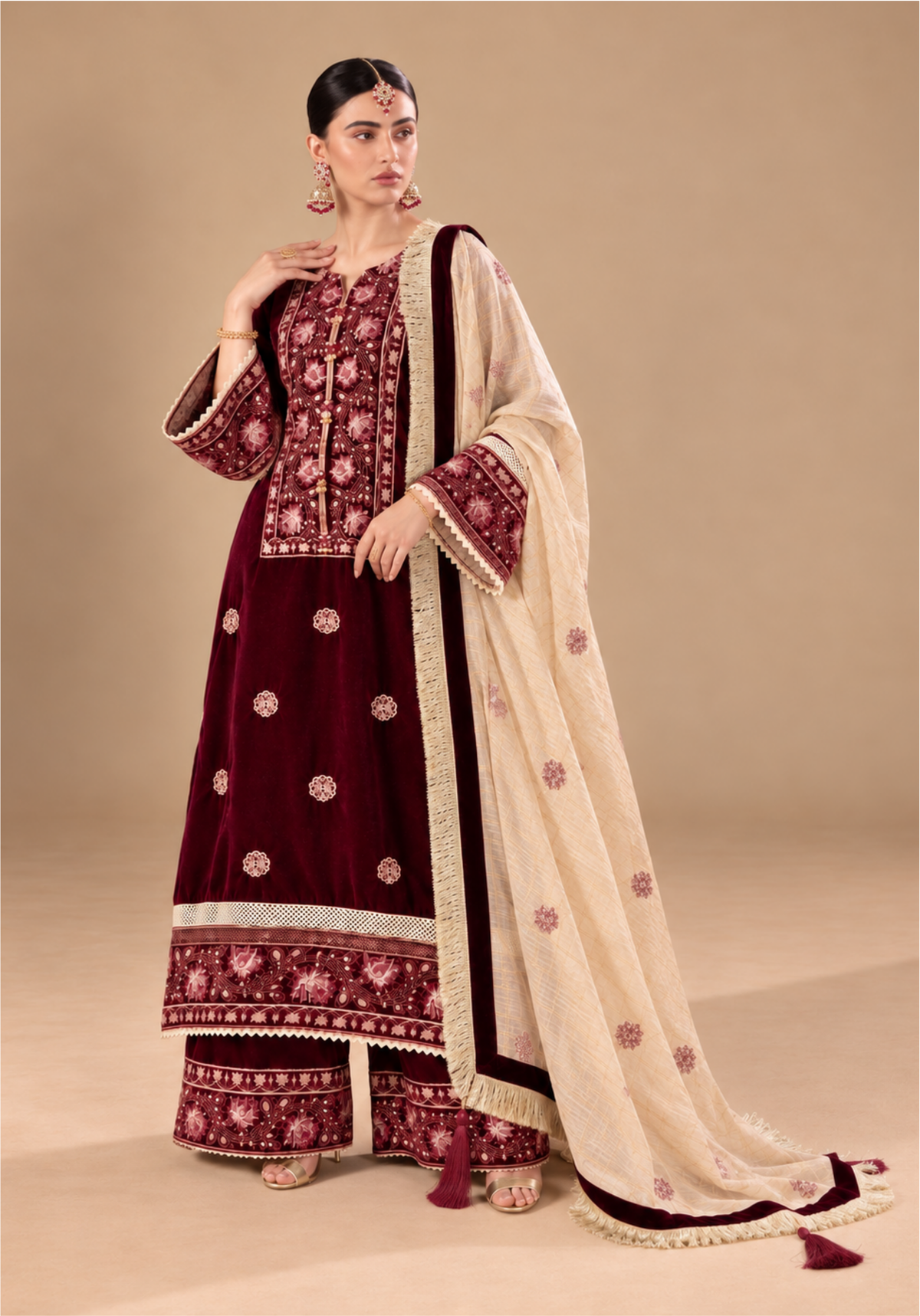 3 - Piece Embroidered Maroon Velvet Suit